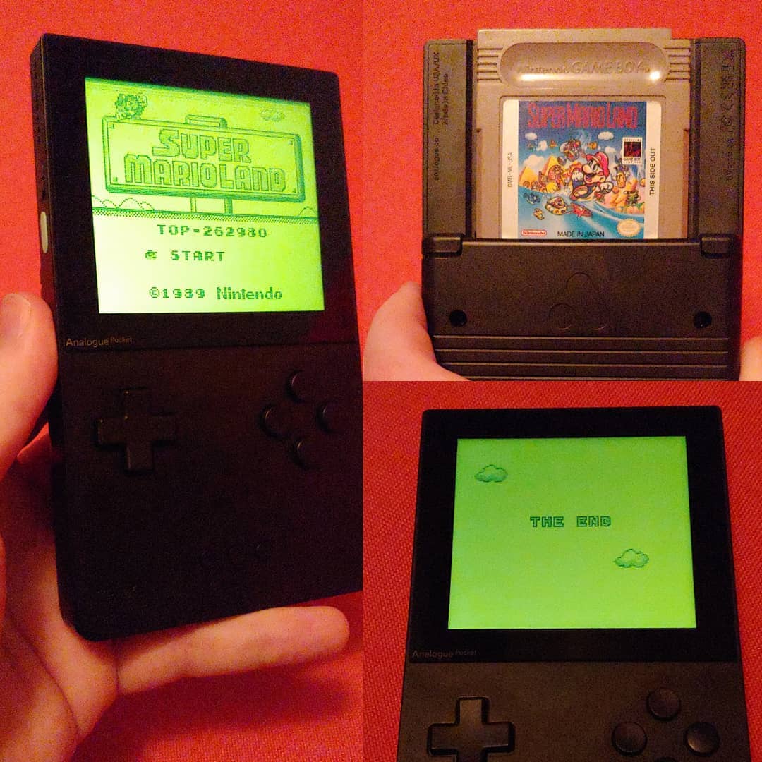 A photo of pictures showing Super Mario Land for the Game Boy running on the Analogue Pocket